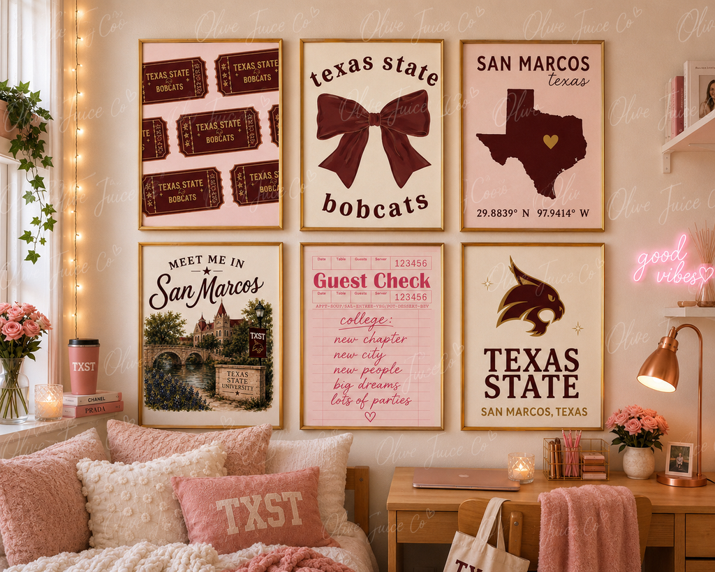 Texas State Dorm Prints – Girly College Wall Art Set