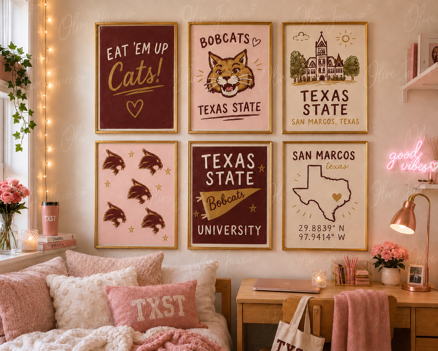 Texas State Dorm Prints – Girly College Wall Art Set