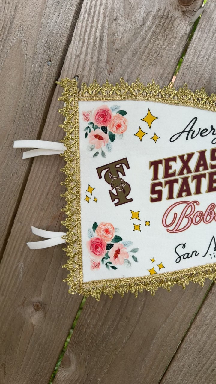 Personalized Texas State Bobcats Graduation Pennant | Custom College Bound Felt Flag | TXST Senior Gift | Dorm Decor | San Marcos Keepsake